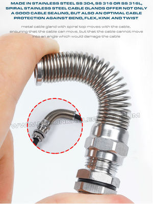 AISI 316L, AISI 316, AISI 304 Stainless Steel Metal PG Flexible Cable Gland (IP68) with Additional Spiral Strain Relief,