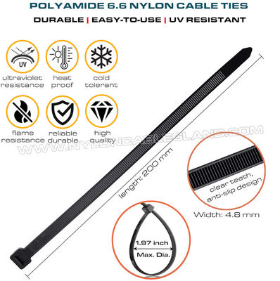 UV Resistant Black Polyamide 6.6 Cable Tie Plastic Zip Tie Strap 200mm x 4.8 (22kgs, 50lbs) for high UV Environments