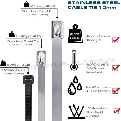 Premium Quality 316L/316/304 Stainless Steel Cable Ties 300~1000mm Length x 10mm Width (480 lbs) for Outdoor