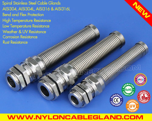 IP68 Hermetic Stainless Steel M12~M50 Metric Cable Glands Type 304 / 316 / 316L with Anti-kink & Anti-bend Protection