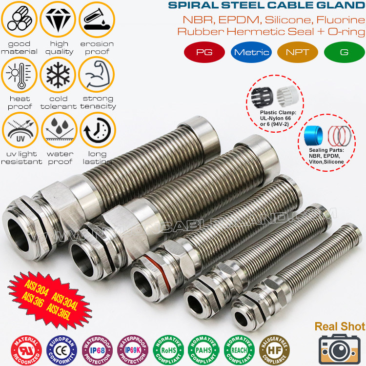 IP68 Hermetic Stainless Steel M12~M50 Metric Cable Glands Type 304 / 316 / 316L with Anti-kink & Anti-bend Protection