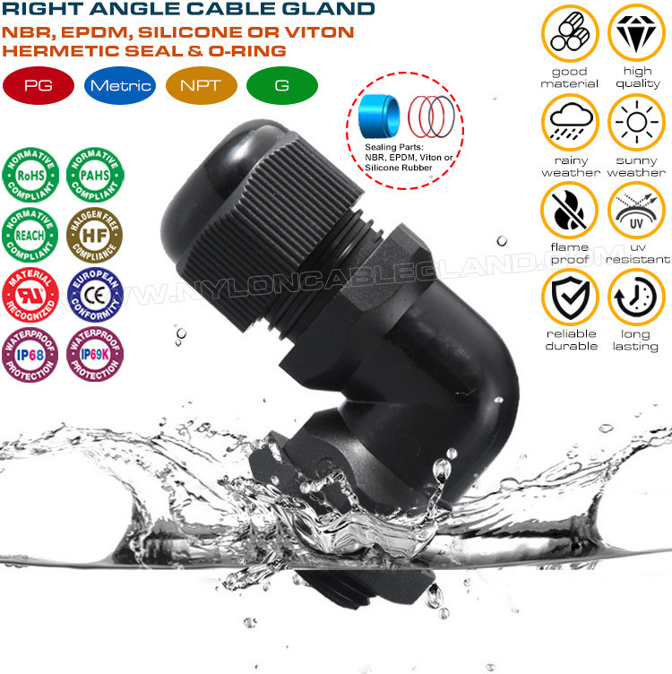 IP68 Right Angle (Elbow) Plastic Cable Glands PG9~PG29 / M16~M32 / NPT 3/8"~NPT 1" with PG, Metric and NPT Threads