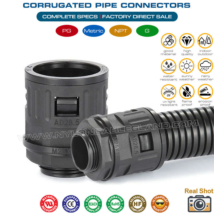 IP68 Plastic Corrugated Pipe Connector, Nylon Flexible Tube Fitting with PG7~PG48 Thread for Flexible Hose AD10~AD54.5