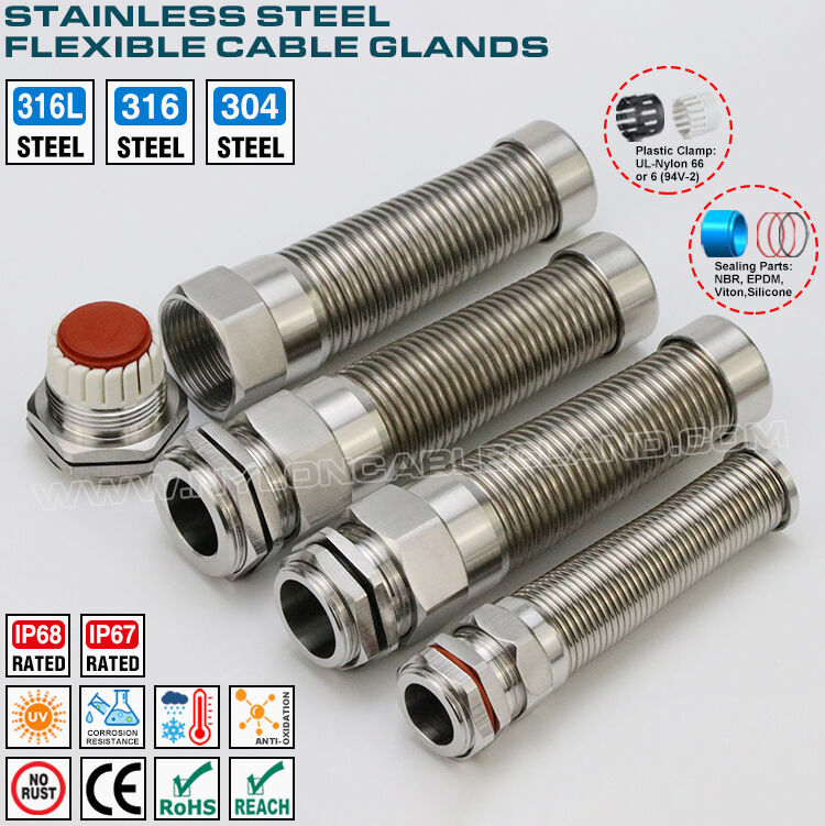 Spiral Metal Cable Glands NPT1/4-NPT3/4 Stainless Steel Flexible Cable Glands, 304, 316 or 316L Type, IP68 Version, NPT Pitch