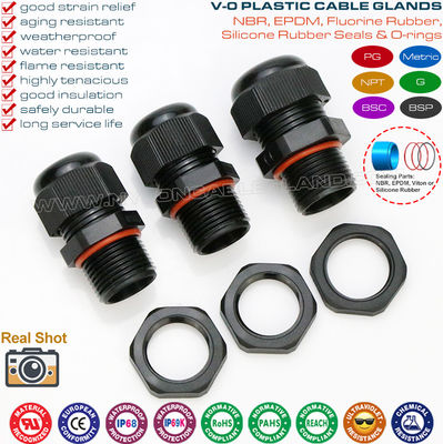 Prensa-cabos à prova de fogo pretos IP68 de nylon poliamida (UL94 V-0) PG7~PG48/M10~M75 com rosca PG ou métrica