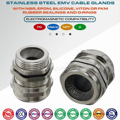 Prensa-cabos EMC/EMV para cabos blindados, rosca PG, aço inoxidável SS304, SS316 e SS316L