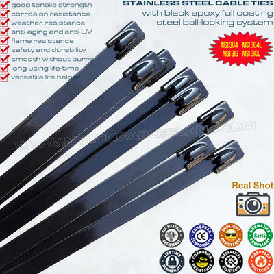 Abraçadeira aço inoxidável 316/304 200mm x 7,9 com revestimento epóxi preto completo (380 libras) para cercas externas
