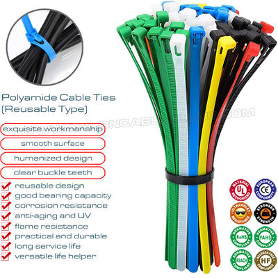 Abraçadeira reutilizável plástica 7,6x200mm, cinta tira cabo liberável PA nylon 66 (50lbs) para gerenciamento de cabos