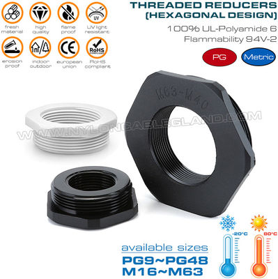 Redutores de plástico hexagonais rosca macho para fêmea PG9~PG48, bucha redução de nylon hexagonal rosca macho para fêmea M16~M63 para elétrica