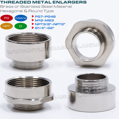 Adaptadores roscados hexagonais / ampliadores de rosca redondos metal (latão, aço inoxidável) rosca macho para fêmea PG7~PG48, M12~M63, NPT3/8~NPT2 e G1/4~G2