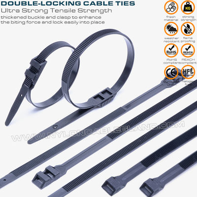 Abraçadeiras com dupla trava /cintas tiras para cabo com cabeça dupla plana, pretas, nylon (PA) 6.6, 760x9mm, 110lbs, 500N, Ø20~220mm, uso externo