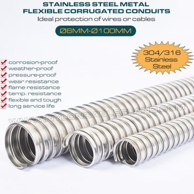 Conduítes corrugados flexíveis metálicos Ø6mm~Ø100mm, tubos ondulados (mangueiras) de aço inoxidável 316/304 com tensão axial 36 kgf~600 kgf para proteção de fios