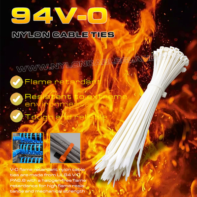 Abraçadeira de nylon 6.6 94V-0 150x3,6mm, gravata de cabo de poliamida 6.6 à prova de fogo ajustável Ø3~35mm para aplicações resistentes ao fogo