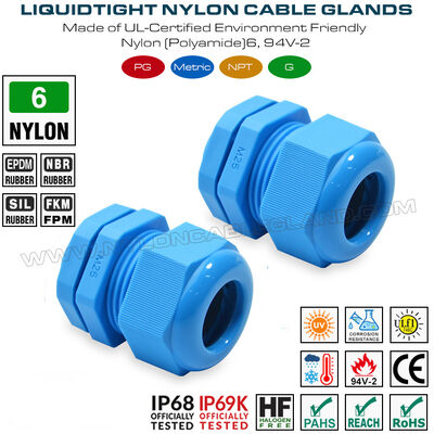 Conector de cabo à prova d'água M25x1.5 Glândula de cabo de plástico IP68, 13-18mm Range, Nylon (PA 6, UL746C-f1 Classificado, Uso ao ar livre