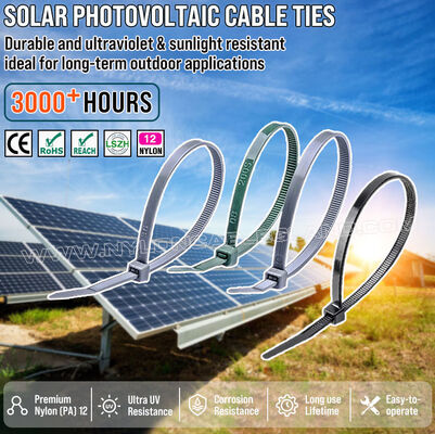 Cinta fita braçadeira de nylon (PA) 12 resistente a UV 300 mm x 4,8 (Ø 3-80 mm), excelente resistência a agentes químicos e à salinidade, para a indústria solar fotovoltaica