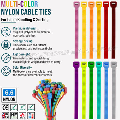 Abraçadeira colorida 200 mm x 4,8 mm, abraçadeira multicolorida nylon 66 ajustável de 3-50 mm (222 N / 50 lbs) para organização visual de cabos