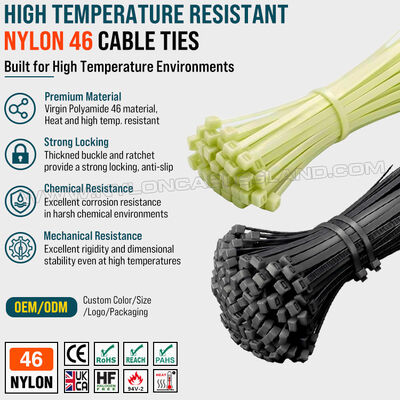 Abraçadeira de nylon 46 (Poliamida 46, PA46) resistente a altas temperaturas, 300 mm x 7,6 mm, 130 lbs / 560 N, para ambientes de alta temperatura