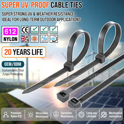 Fascetta stringicavo buntband in nylon 612 (poliammide 612, PA612) nera, impieghi gravosi, resistente ai raggi UV e agli agenti atmosferici, 350 mm x 7,6 mm, per impianti solari esterni