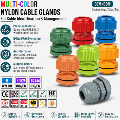 Glândulas de cabo coloridas, Nylon 6 (Polyamide 6, PA6), PG13.5 (6-12mm & 5-9mm), IP68/IP69K, para identificação visual e organização de cabo