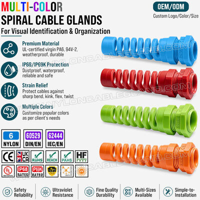 Glandula de cabo de alívio de tensão colorida Nylon 6 (Polyamide 6/PA6), PG13.5 (Ø 6-12mm & 5-9mm), IP68 e IP69K, para identificação e organização de cabos