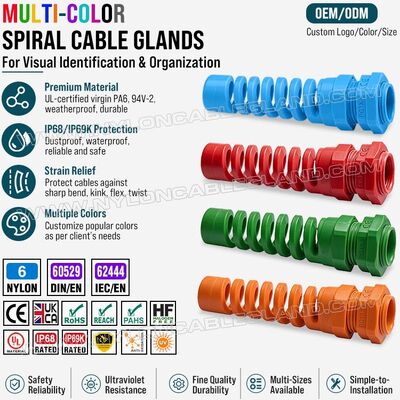 Prensa-cabo espiral colorido nylon 6 (poliamida 6/PA6) com alívio de tensão, PG13,5 (Ø 6-12 mm e 5-9 mm), IP68 e IP69K, para identificação e organização de cabos
