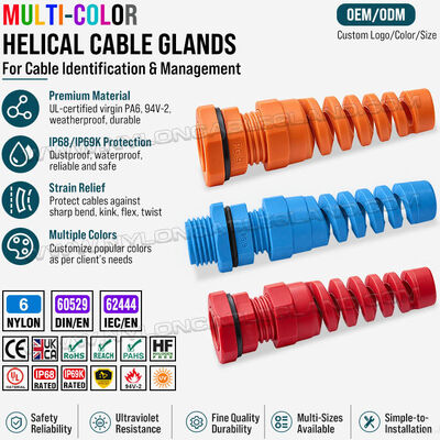 Prensa-cabos bucins espirais coloridos com alívio de tensão (azul, vermelho, verde, amarelo, cinzento, preto), nylon poliamida 6, PG9, UL94V-2, para cabos de 4-8 mm e 2-6 mm