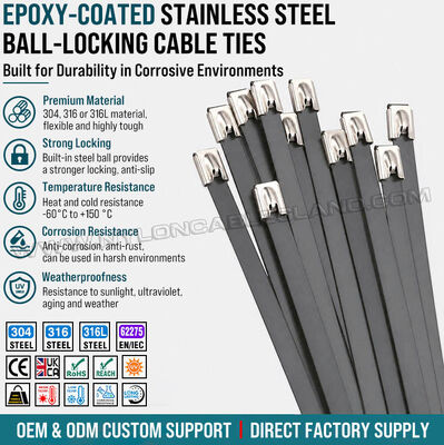 Abraçadeiras metálicas revestidas com epóxi preto, tipo de travamento esférico, aço inoxidável 316L/316/304, largura 7.9 mm x comprimento 150-1000 mm, para ambientes corrosivos