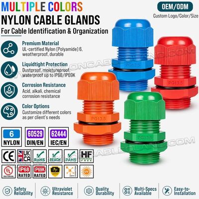 Prensa-cabos de plástico (nylon) coloridos PG13.5 com rosca longa, IP68/IP69K, para cabos de 6-12 mm ou 5-9 mm