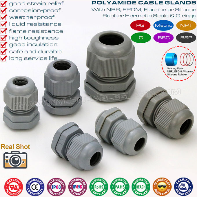 Prensa-cabos (bucins) plásticos estanques IP68, bucim prensa-cabo rosqueável IP69K, PG7~PG48, cinza RAL7035 / RAL7001 / RAL7005