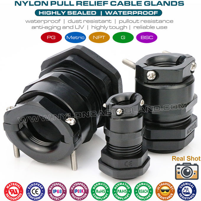 Conectores bucins prensa-cabos PG pretos de plástico nylon IP68 PG9-PG48 com alívio de tração (alívio de tensão)