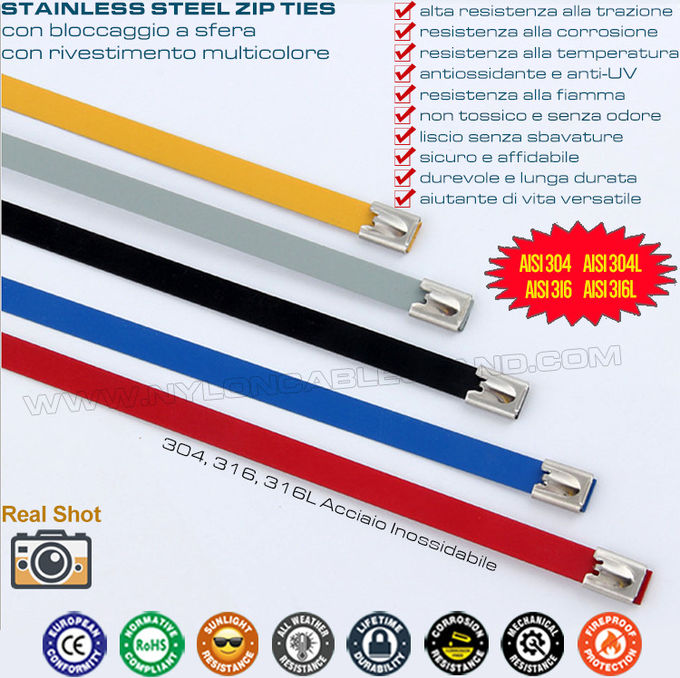 Laços zip abraçadeiras cintas metálicas de aço inoxidável tipo 316L, 316, 304 revestidas com epóxi com trava esférica para exterior