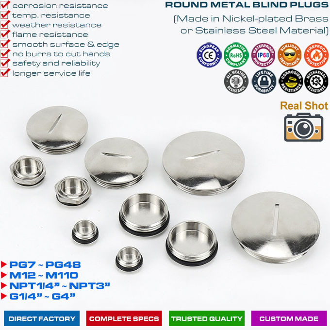 Tampões cegos / plugues rosqueados redondos ou hexagonais aço inoxidável 304, 316 (latão) com roscas PG7~PG48 e M12~M110