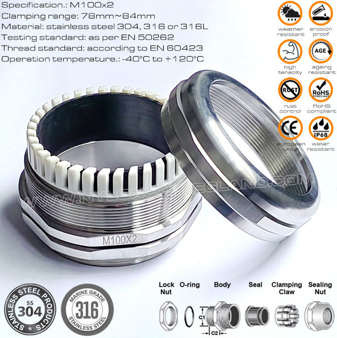 Conector de glândula IP68, rosca métrica, EN 60423, aço inoxidável 304, 316 ou 316L, M100x2,0 para cabo de 78~84mm