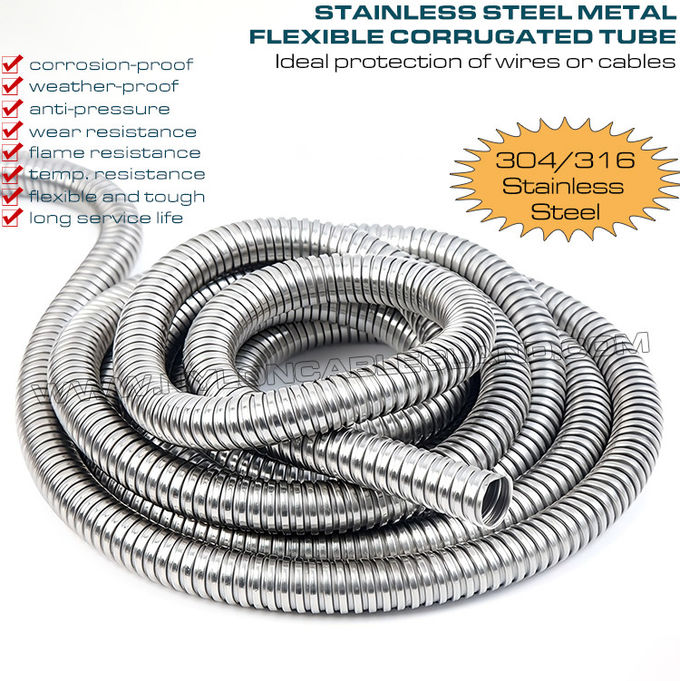 Tubo conduíte corrugado ondulado flexível DN20 de aço inoxidável 304/316 (Ø20 mm x Ø24,3 mm) 50 metros/bobina para proteção de cabos