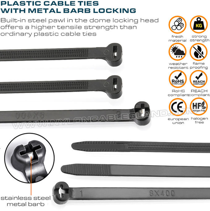 Abraçadeira nylon com lingueta metálica 400mm x 8, cinta amarração plástica ajustável Ø9-108mm com dente metálico 550N (112 lbs) para construção naval