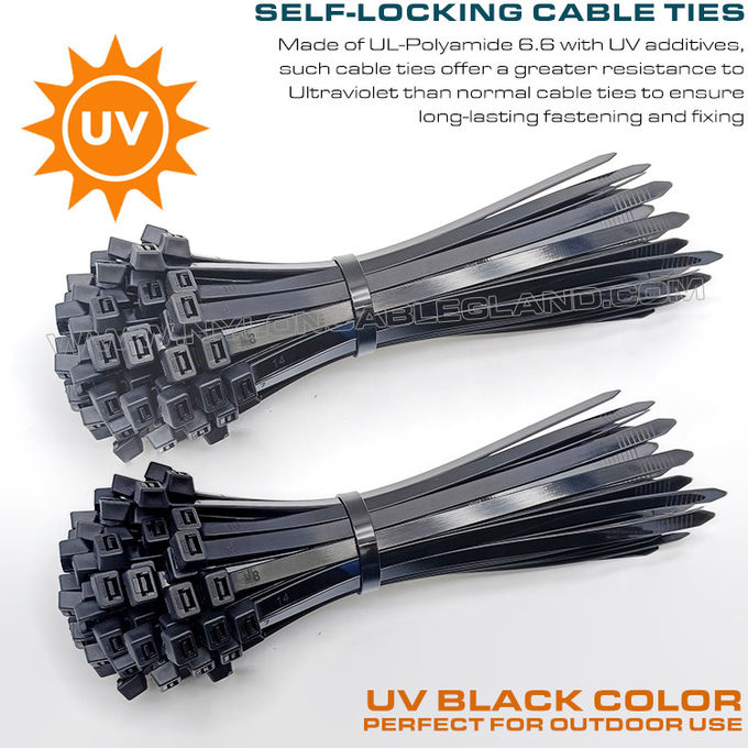 Abraçadeira de poliamida 6.6 resistente a UV cinta tira de plástico preta 200mm x 4.8 (22kg, 50lbs) para ambientes com alta radiação UV