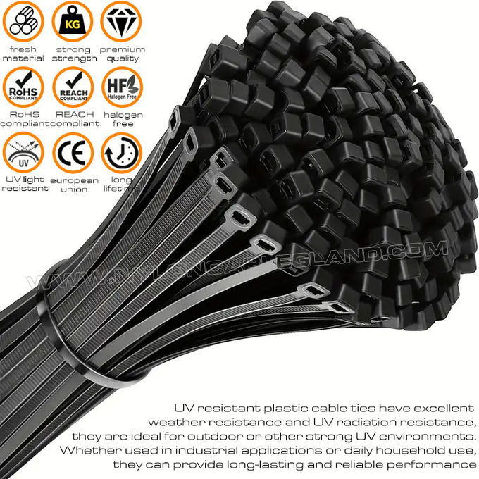 Abraçadeira resistente a UV amarração plástica de nylon 6.6 preta 200mm x 4,8 (22kg, 50lbs, 222N) para ambientes com alta incidência UV