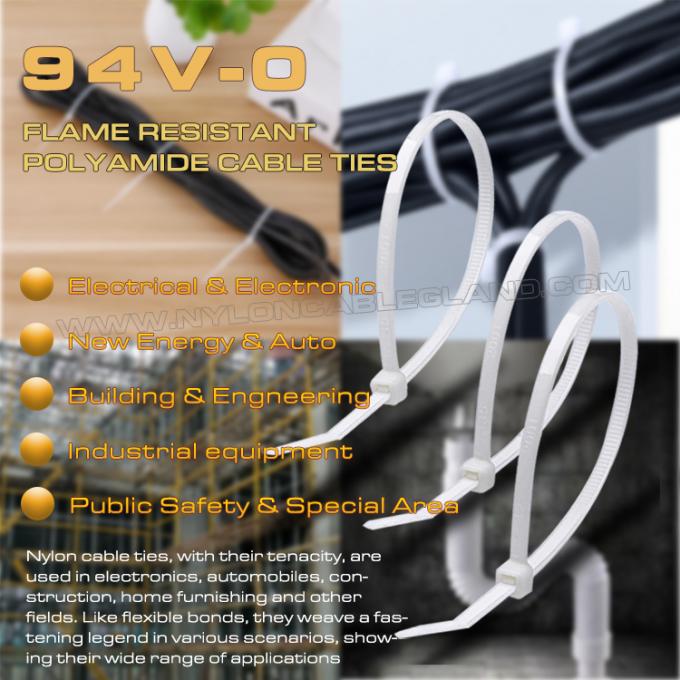 Fita cinta abraçadeira de nylon (poliamida) 6.6 retardante de chamas 94V-0 150x3,6mm com resistência à tração de 180N/40 lbs para aplicações resistentes a chamas
