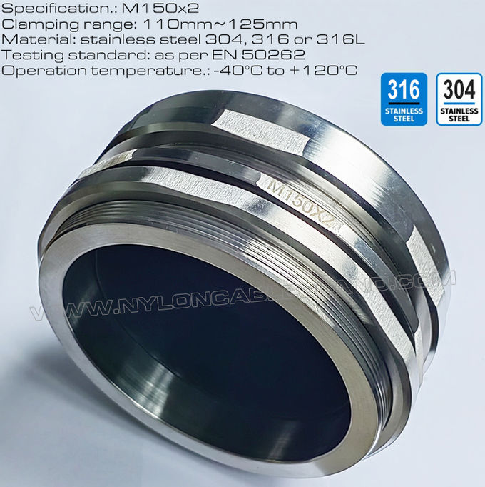 Conector bucim prensa-cabo M150x2 em aço inoxidável 304/316 para cabos grandes de 110 a 125 mm