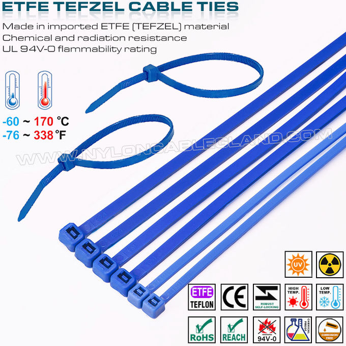 Abraçadeira de Teflon azul 200 x 4,8 mm, amarração para cabo de ETFE 94V-0 gravata de cabo de Tefzel 50 lbs resistente a produtos químicos para ambientes extremos
