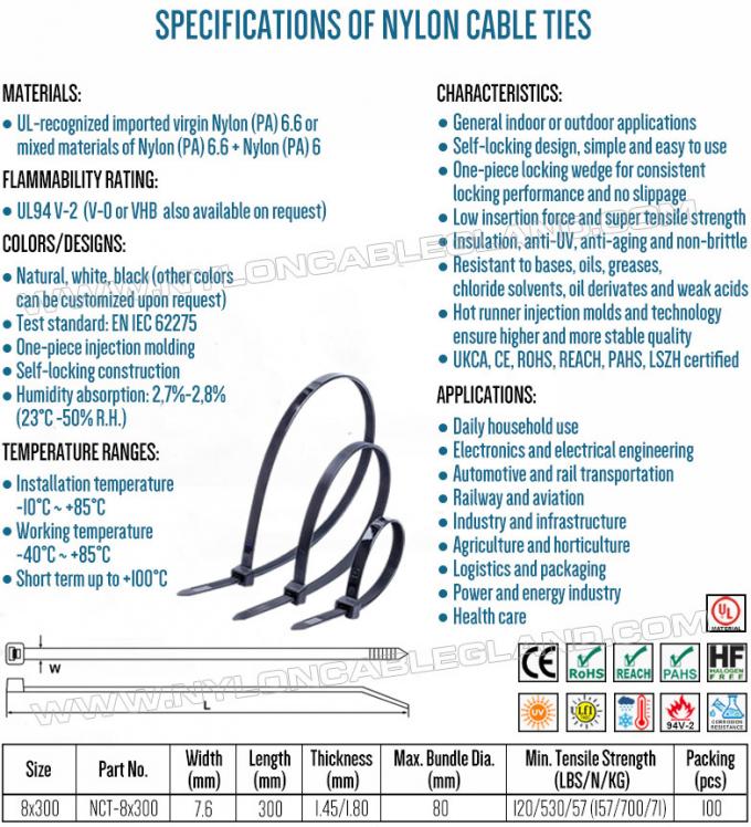 Heavy-duty Nylon (PA) 6.6 Cable Tie 7.6x300mm, Ã8~80mm Adjustable Plastic Zip Tie Wrap (UL94 V-2) with 130lbs/157lbs Strength for Construction
