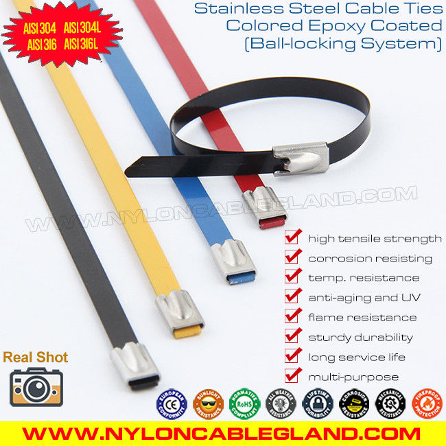 Abraçadeiras de aço inoxidável revestidas de PVC com trava esférica, 304, 316 cintas de cabos de metal revestidas de nylon e abraçadeiras metálicas